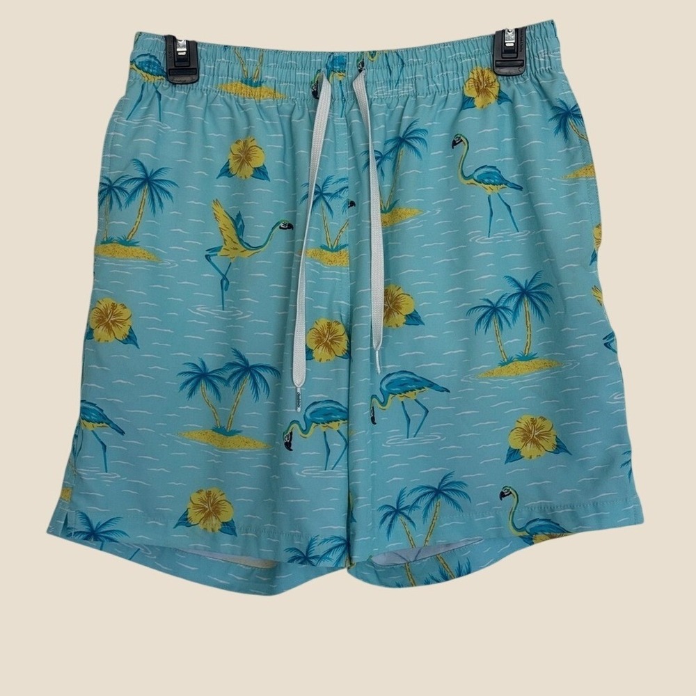 chubbies Mens Medium The Flarrots‎ 7 Inch Swim Trunk Aqua Flamingo and Hibiscus